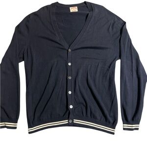 Vintage Men's Brooks Brotherd Navy V-Neck Cardigan with Stripe Hem